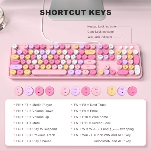 Image of MOFII Wired Full Size USB Keyboard, Colorful Retro Round Typewriter Keyboard with Foldable Stands for Windows PC Laptop (Pale Pink)
