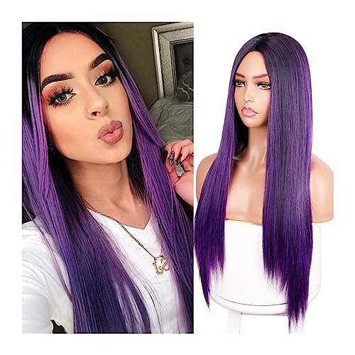 Perruque violette synthétique longue lisse frange droite résistante à la chaleur pour femme