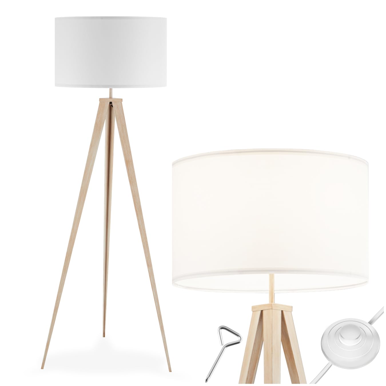 tectake® lámpara de pie, base de trípode de acero, pantalla aspecto de lino, lampara lectura, diseño moderno, lampara suelo, interruptor de pie, lampara pie salon, lampara de pie - Roble