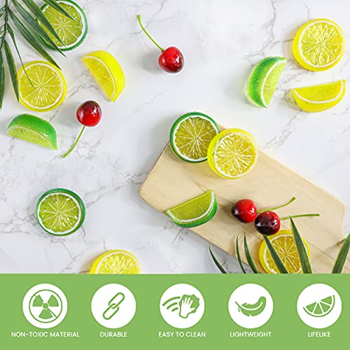 Tevrel 40Pcs Artificial Lifelike Cherries Lemon Lime Slices And Wedges. Decorative Lemon Slices Lemon Blocks Red Black Cherries Fake Fruit For Home House Kitchen Party Wedding Décor Desk Ornament Diy Craft thumb #3