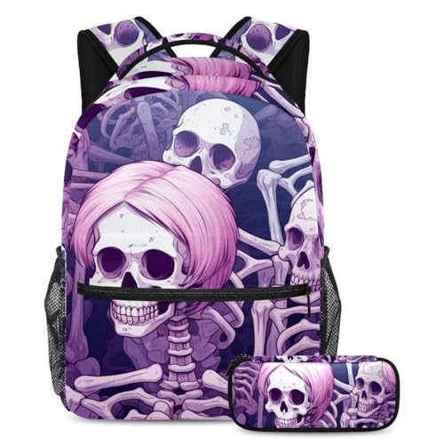 Sac à dos avec trousse combo Rose Art Skull 129 idéal pour le collège et lycée