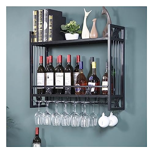 Casier à vin mural avec porte-verres en métal noir pour rangement maison