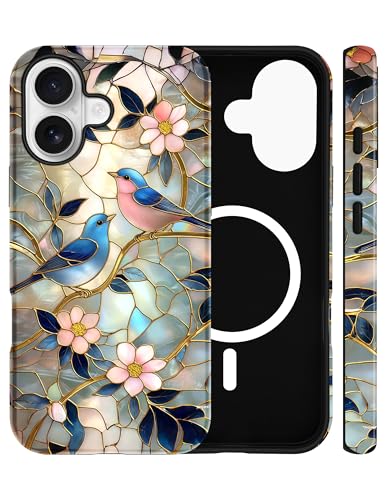Jusy Compatible with MagSafe Stained Glass Case for iPhone XR, Aesthetic Bird and Floral Magnetic Phone Case, Soft TPU and Hard PC Protective Phone Cover for Women Girls (Shiny) - Bird