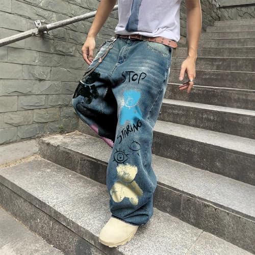 Baggy Jeans Men Graphic Bear Y2k Wide Leg Denim Pants with Metal Chain Design Streetwear for Skater Jeans Hip Pop2