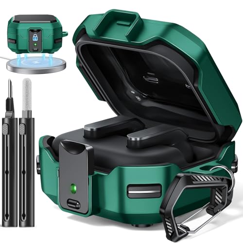 Image of Safety Lock Case for Samsung Galaxy Buds 4 Pro /4 (Green) | Compatible with MagSafe,with Cleaning Kit & Keychain,Mecha Protective Case