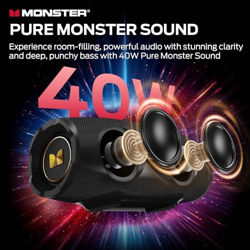 Monster S380 Bluetooth Speaker, Portable Speaker with 40W Stereo Sound, Bluetooth 6.0, 20H Playtime, TWS Pairing, Support AUX/TF Card, IPX6 Waterproof Wireless Speaker for Home, Travel, Outdoor