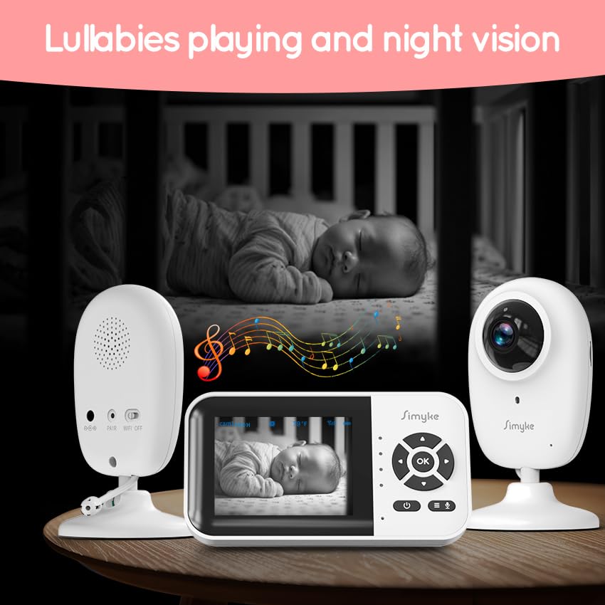 Simyke Moniteur de bébé intelligent avec caméra et audio double mode, commutateur WiFi, écran 2,8", vision nocturne, horloge d'alimentation, détection de température, conversation bidirectionnelle,