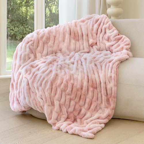 blunique Ultra Soft Faux Rabbit Fur Throw Blanket, Cozy Fuzzy Blanket for Couch Bed, Plush Warm Decor Gifts, Luxury Thick Fluffy Blanket for Women,50x60 inches, Tie-Dyed in Pink