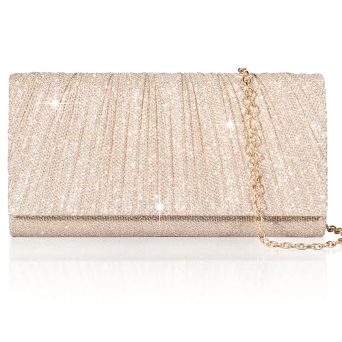 Image of Larcenciel Clutch Purses for Women, Shiny Pleated Evening Bag w /Removable Chain for Formal Events Cocktail Wedding Prom