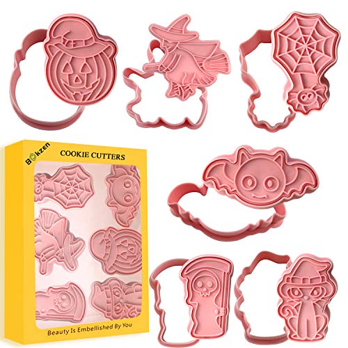 Bokzen Halloween Cookie Cutters, 6 Style 3D Cartoon Pressable Biscuit Shapes Mold-Pumpkin, Bat, Ghost, Spider, Witch Hat, Cat Cookie Stamped Embossed Kitchen Baking Pastry Bakeware Tool