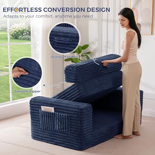 Image of MAXYOYO Convertible Sofa Bed, 2 in 1 Folding Couch Bed for Small Space, Pull Out Loveseat Sofa Couch with Large Back Pillow, Plush Faux Fabric Lounge Couch for Living Room, Apartment, Navy