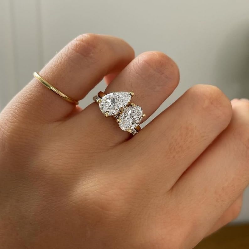 14k Gold Plated Toi Et Moi Ring, 3.25 CT Oval & Elongated Pear Cut Moissanite Diamond Engagement Ring, You N Me Wedding Rings, Statement Rings/Gift • SE1402