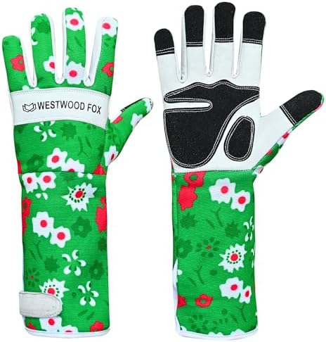 WESTWOOD FOX Leder Gartenhandschuhe Lange Unterarmschutz Ärmel dornsichere Arbeitshandschuhe Rose Beschneiden Garten Sicherheit Atmungsaktiv Langlebig Dicke Handflächenhandschuh (G