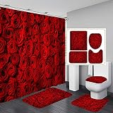 Seacoi Rose Flower Shower Curtain Set with Rugs, 4 Pcs Romantic Floral Bathroom Decor Set for Girls