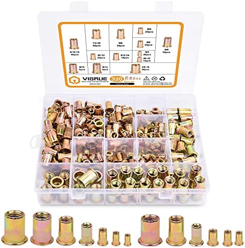 VIGRUE 320PCS Rivet Nuts SAE & Metric, Carbon Steel Zinc Plated UNC Nutsert Assortment, Rivnuts Nutserts 1/4"-20, 3/8"-16, 5/16"-18, 10-24, 6-32, 8-32 and M3 M4 M5 M6 M8 M10 M12