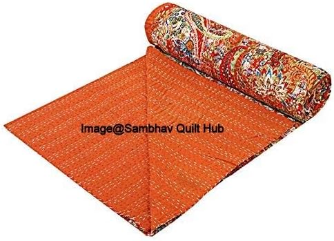 Queen/Twin/King Quilting Indian Handmade Paisley Print Kantha Quilt Cotton Kantha Blanket Bed Cover Sofa Cover Kantha Bedspread Bohemian Bedding (60X90 inch)