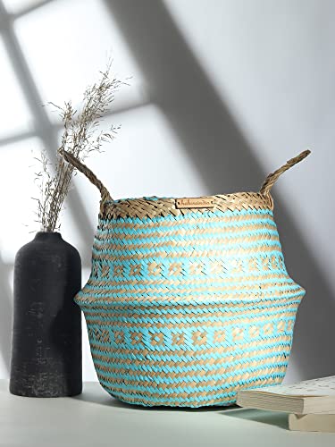 Image of Habere India-All The Cultures Fabricating India Wicker Basket For Plants | Seagrass Baskets Home Decor | Bamboo Storage Organiser | Bamboo Planter Baskets Cylindrical (L) - Blue (Dia 35 x H35 cm)