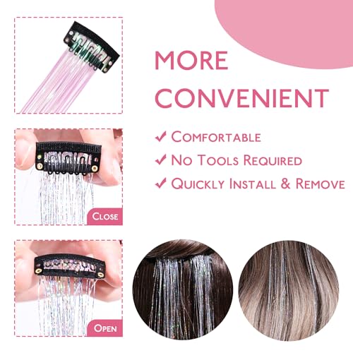Image of WENNALIFE Hair Tinsel Clip In for Girls Bright White, 12pcs 24 inch Clips Tinsel Hair Extensions Clip in Colorful Glitter Clips Fairy for Kids
