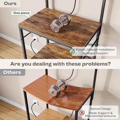 SUPERJARE Kitchen Bakers Rack with Power Outlet, Coffee Bar Table 4 Tiers, Kitchen Microwave Stand with 6 S-shaped Hooks, Storage Shelf Rack for Spices, Pots and Pans - Rustic Brown: Home & Kitchen - view 1