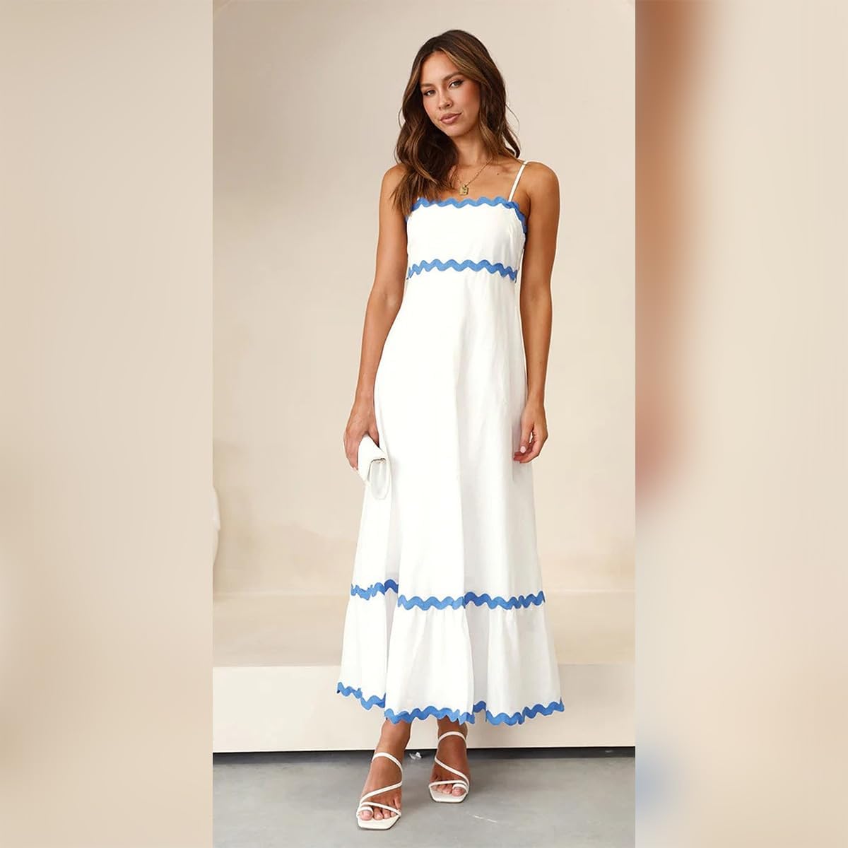 OBEEII Women Summer Dresses 2024 Vacation Boho Spaghetti Strap Backless Smocked Rickrack Trim Flowy A-line Maxi Sundress - Image 2