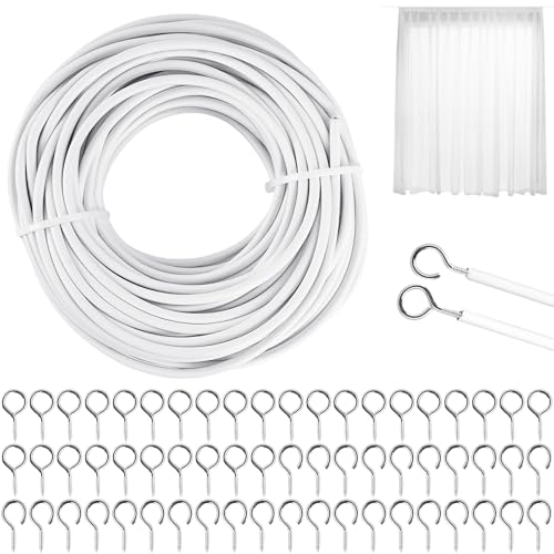 Bubuny 15M Alambre de Cortina, Blanco Gusanillo, Cuerdas con 30 Pares Ganchos Atornillables y Ojales, Cortinas Ducha, Tendederos