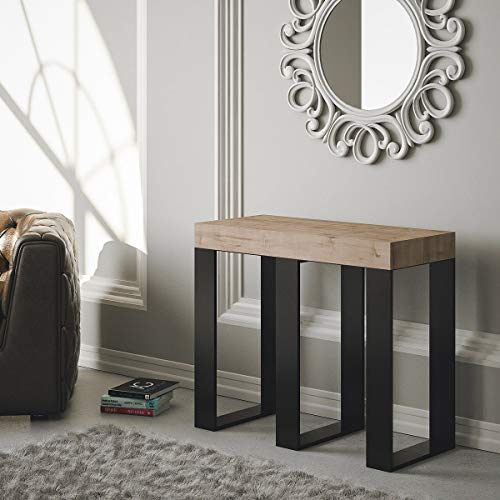 Group Design Sintesi Table console extensible, en chêne naturel, équipée d’une structure anthracite - Fabriquée en Italie - 14 personnes- 3 mètres