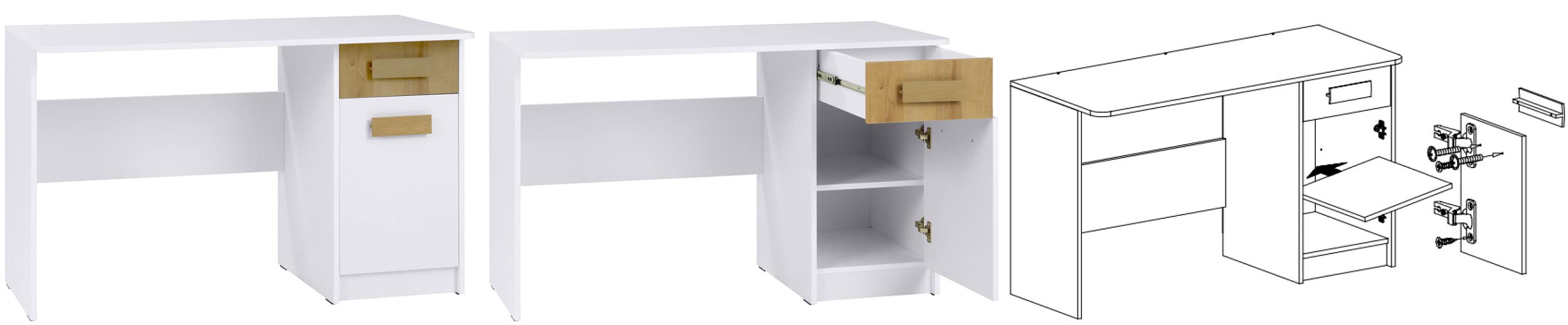 Marmex Kinderzimmer Komplettes Set Grant 11, im Set: Eckschrank + hohes Standregal mit Verlängerung, Schreibtisch 110 cm, 2X Wandregal - Farbe Weiß + Riviera Eiche