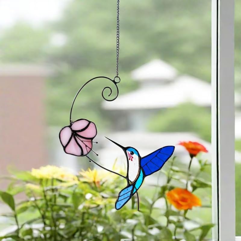 HDHXT Handmade Hummingbird Stained Glass Suncatcher - Waterproof Outdoor Window & Garden Decor, Unique Gift with Suction Hooks for Home Holidays
