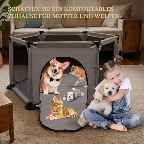 Sechseckige Wurfbox für besonders große Hunde Welpenbox mit Wurfunterlage für große und kleine Hunderassen Wurfzubehör für Hunde und Welpen Maße 122x65 cm