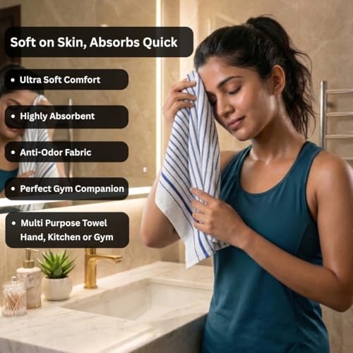 Image of Athom Living Premium Hand Towels- Cotton, 400 GSM, Ultra Soft, Quick Dry, Highly Absorbent | for Hand, Kitchen and Gym | 60 * 40 cm, Pack of 4 (White with Blue Stripes)