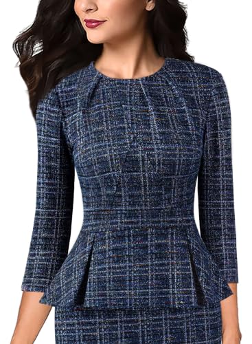 Image of VFSHOW Womens Pleated Crew Neck Peplum Slim Work Business Bodycon Dress | 3 /4 Sleeves, Professional Elegant Church, Funeral, Spring Fall, Fitted Office Pencil Sheath Dress