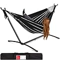 Best Choice Products Double Hammock with Steel Stand, Indoor Outdoor Brazilian-Style Cotton Bed w/Carrying Bag, 2-Person Capacity - Onyx