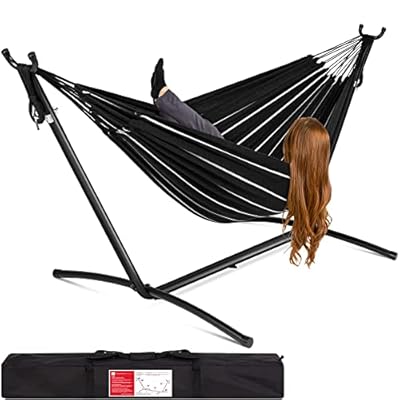 Best Choice Products Double Hammock with Steel Stand, Indoor Outdoor Brazilian-Style Cotton Bed w/Carrying Bag, 2-Person Capacity - Onyx