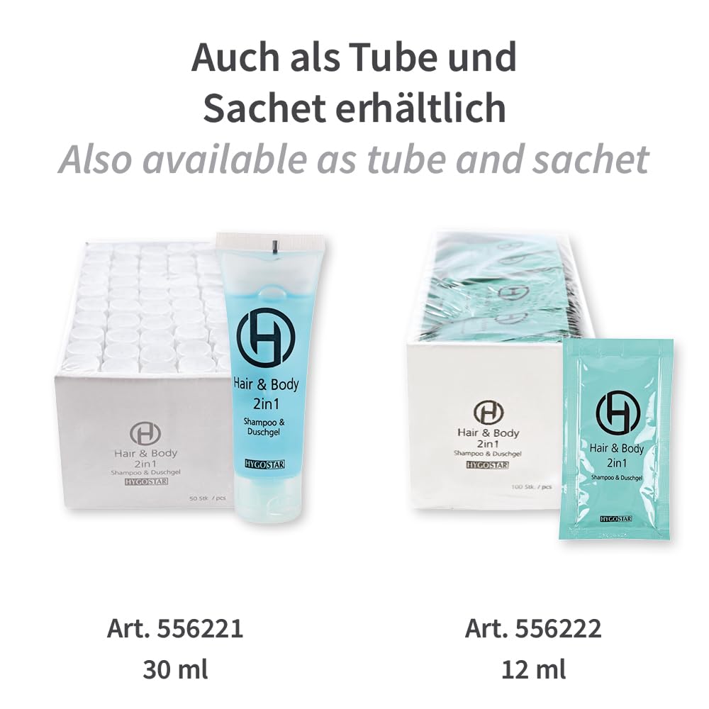 500 Stück Hygostar Hair & Body, 2in1 | Flasche, hellblau, V: 25ml, Umfang: 2,8cm, H: 7,5cm, Hotel Shampoo und Duschgel, Hotel Einweg Hair & Body, 2in1, Hotelkosmetik, Einmalkosmetik, Einwegkosmetik
