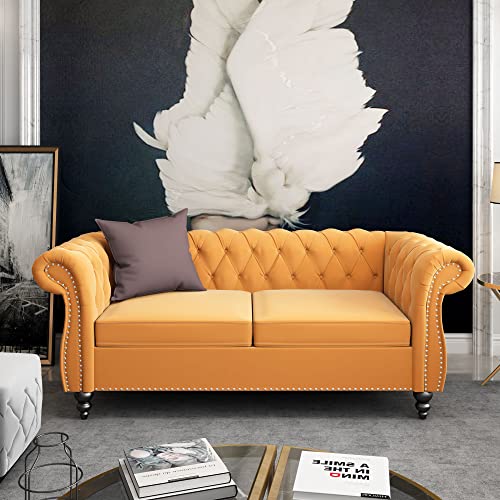 Image of ORRD 2 Piece Living Room Set, Velvet Chesterfield Sofa Loveseat Couch with Scroll Arms and Nailhead for Living Room, Office (Mango)