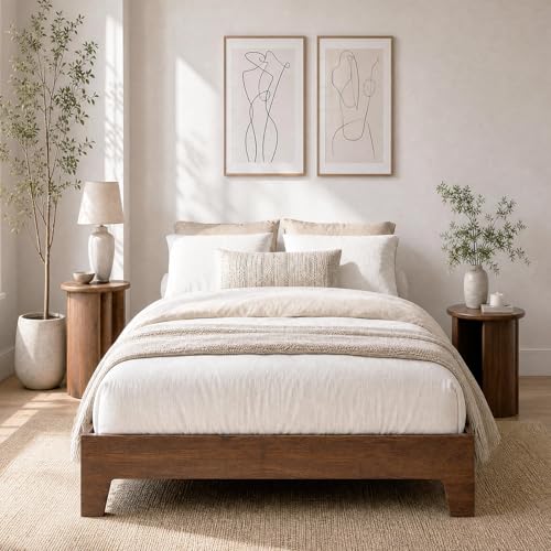 GarveeHome Twin XL Size Bed Frame with Wooden Slats Wood Platform Bed Frame Low Profile Bed No Box Spring Needed Noise-Free Easy Assembly Natural Walnut