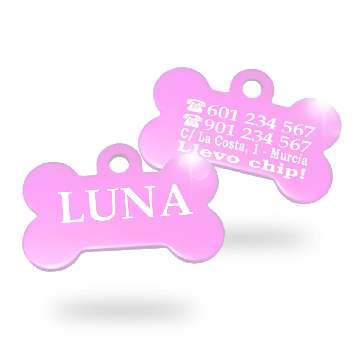 Chapa XL para Perros y Gatos Grandes Personalizada - Ideal para Grabar su Nombre y tu Contacto - Placa Identificativa Hecha de Aluminio brillante - Diseño de Hueso - Color Rosa - Ibera Gifts