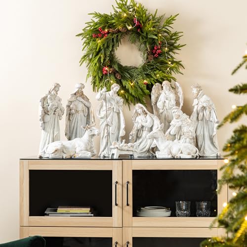 Image of Glitzhome Nativity Set for Christmas Indoor Decorations, 10-Piece Large White Nativity Figurines Sets 18.5 inch x 50 inch, Resin Tabletop Scenes Figures Xmas Collectibles Figurine Statue Holiday Decor