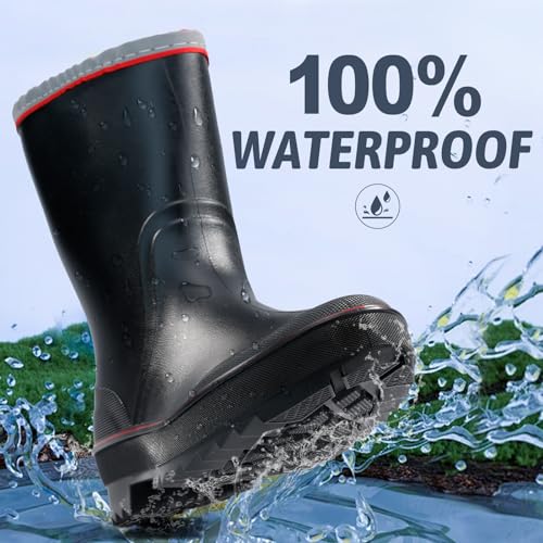 Image of mens rain boots waterproof work boots for men mid-calf deck bootie comfortable garden shoes lightweight chelsea bootie for Gardening Fishing Boating Camping Sailing red&black