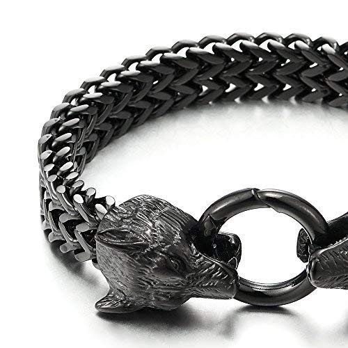 Coolsteelandbeyond Mens Black Wolf Head Steel Franco Link Curb Chain Bracelet With Spring Ring Clasp 8.86 Inch #TOP3