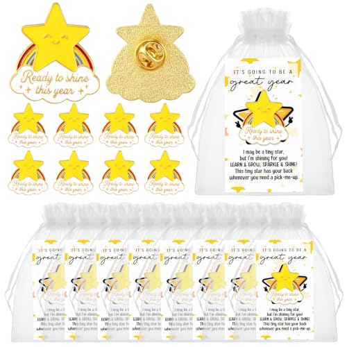 Image of Lyrow 25 Sets Inspirational Back to School Gift Rainbow Star Pins Bulk | Ready to Shine This Year Design, Star Brooch with Motivational Cards Bags, Funny Favors for Students Teacher Coworker