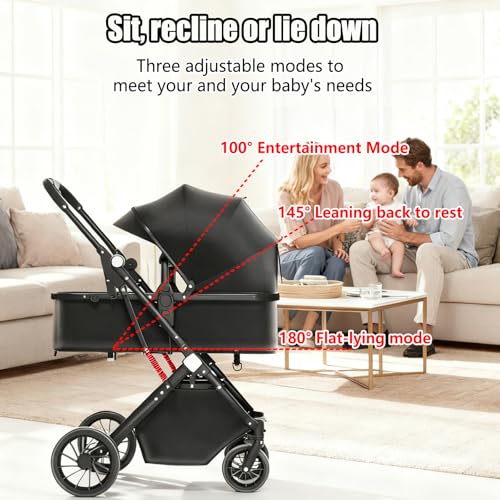 3in1 Aluminium Alloy Pram Baby Stroller, Lightweight Travel Pram for Newborn to Toddler, Adjustable Reclining Seat, Foldable Design, Storage Basket, 5-Point Harness & Sun Canopy, Lightweight Travel Baby Pram - Image 5