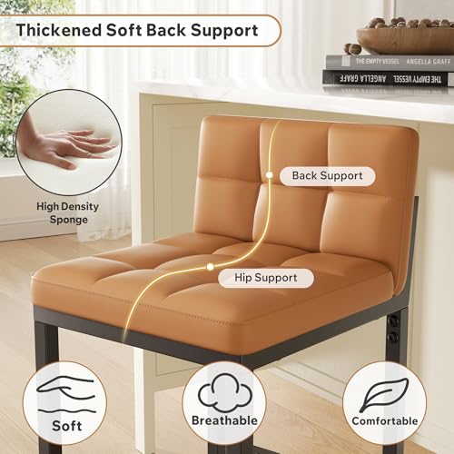 Image of 24 inch Bar Stools Set of 3, Modern Faux Leather Counter Height Bar Stools with Low Back and Footrest, Sturdy Thickened Metal Leg, Upholstered Kitchen Bar Chairs for Island, Orange