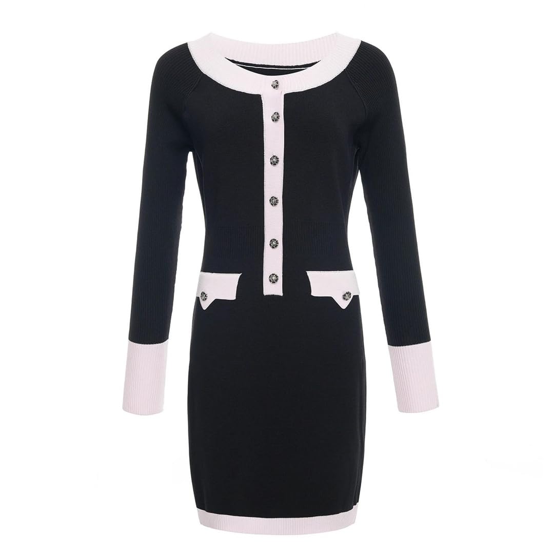 Vestido corto de punto para mujer, manga larga, ajustado, ajustado, para fiesta, color en contraste