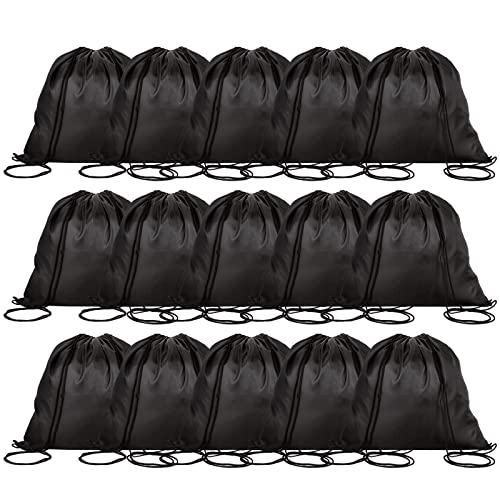 AKOLAFE 15PCS Drawstring Bags Black PE Bags Drawstring Gym Bags String PE Bags for School Boys, Sports, Gym, Travel, Swimming and Various Activities