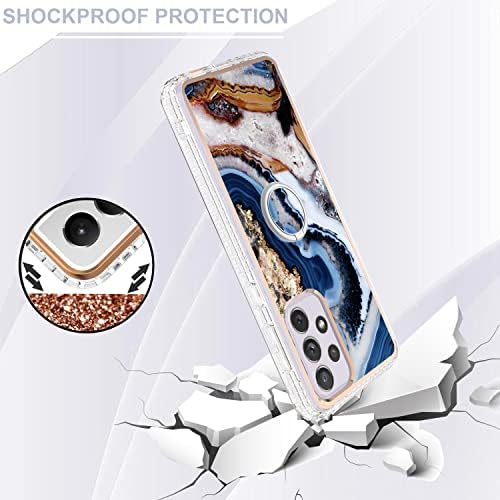 Laurraine Case Compatible with Samsung S22 Ultra 5G, Luxury Shiny Marble IMD Slim Case, Gold Glitter Marble Design with 360 Degree Swivel Ring Stand for Galaxy S22 5G (Navy Blue)