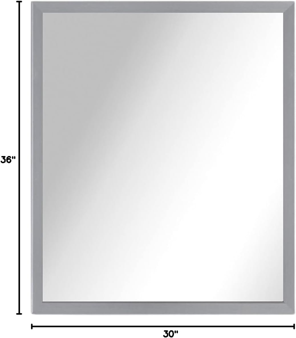 Buy-Rite Olivia Rectangle Salon Mirror - 30”W x 36”H Half-Length Mirror with Satin Nickel Foil-Wrapped MDF Frame, Ships Fully Assembled, Styling Station Compatible, PFW-3036-701 (Satin Nickel)