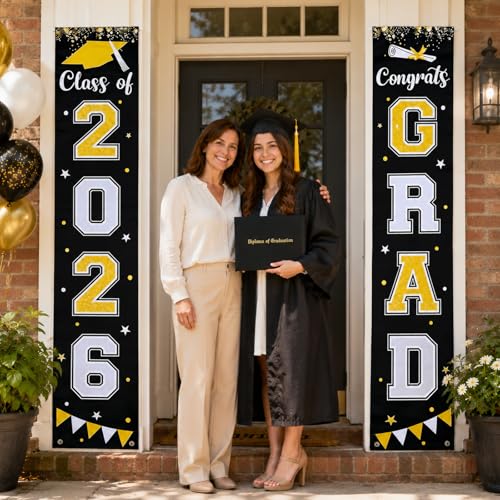 2026 Graduation Decorations, Black & Gold Class of Decorations 2026, Graduation Porch Banners for Any Schools or Grades Party Supplies — view 3