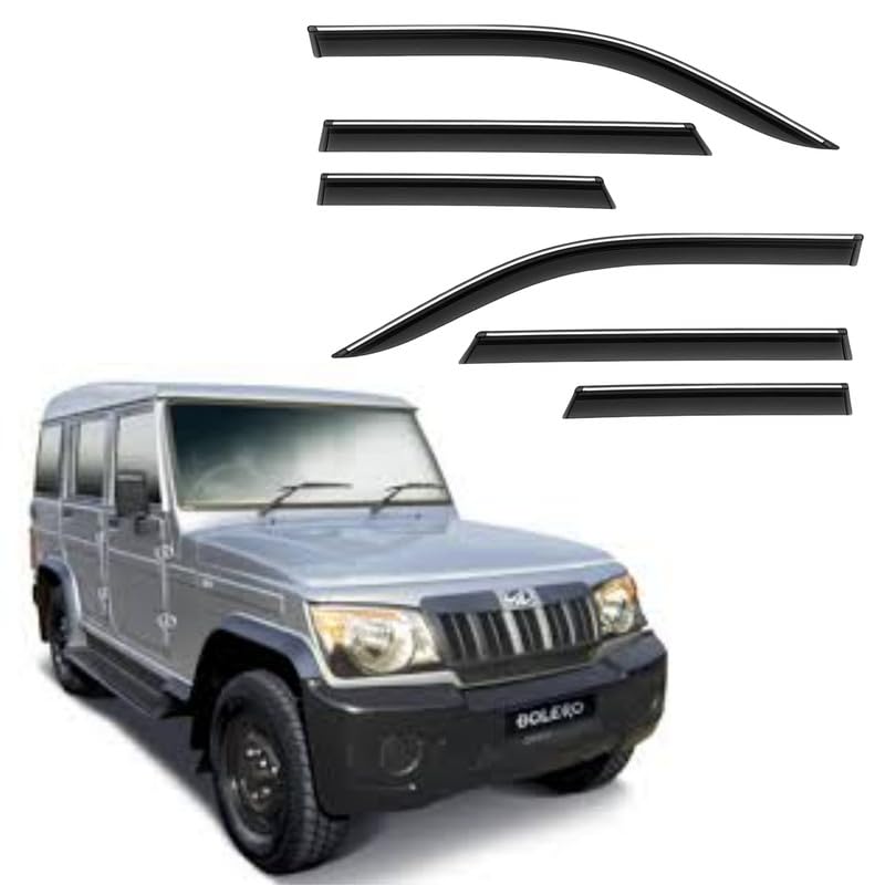 Image of CAR SAAZ Side Door Visors for Bolero DI (Set of 6Pcs) | Chrome Lined Rain Guards, Polycarbonate, Smoke Finish