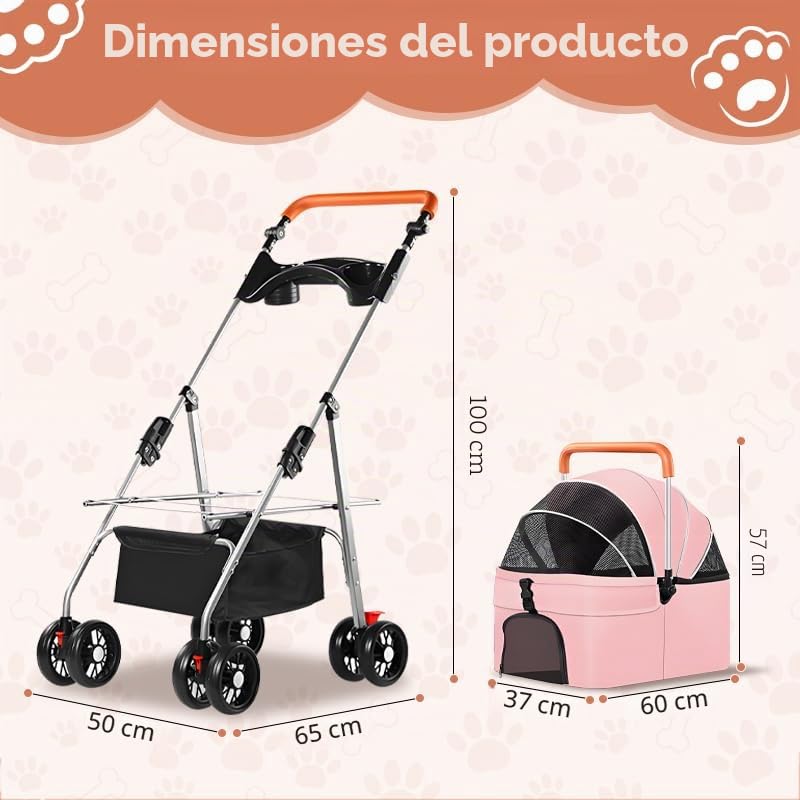 Simcat Cochecito para mascotas para perros pequeños, gatos, cochecito plegable para perros medianos con ruedas de goma resistentes al desgaste de 360° (rosa)